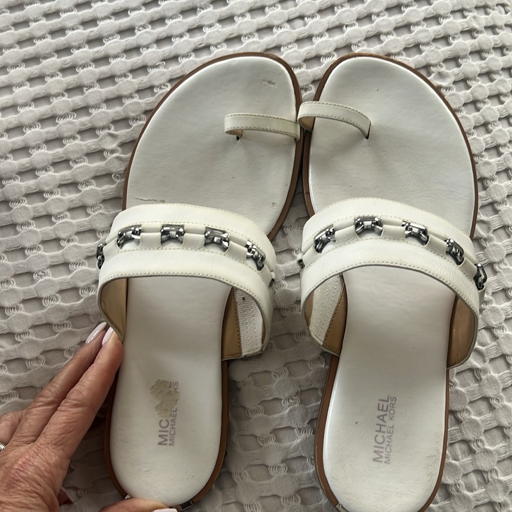 Michael Kors White Slide Sandals with Chain Detail